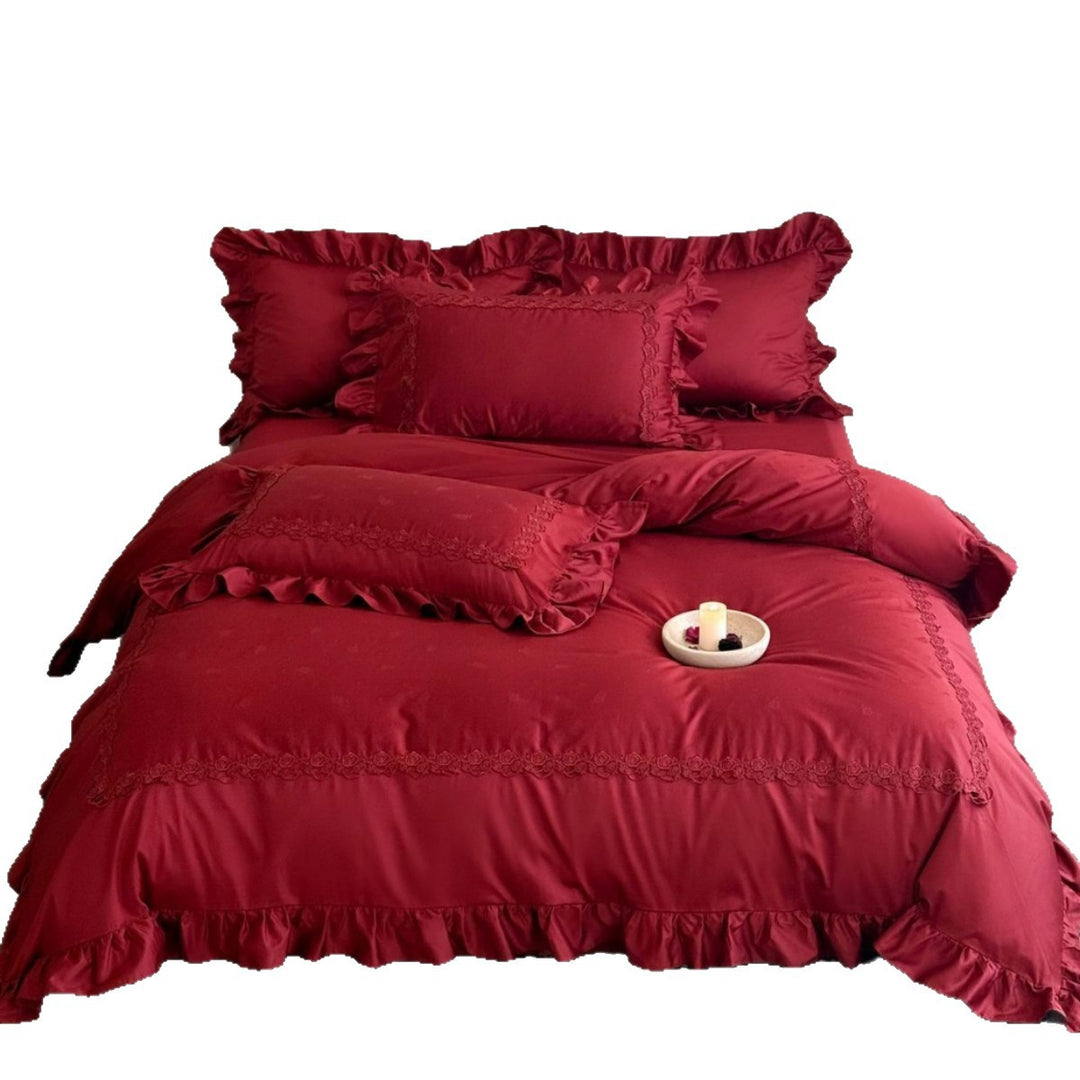 Luxurious bedding set with ruffles and delicate embroidery made of satin cotton
