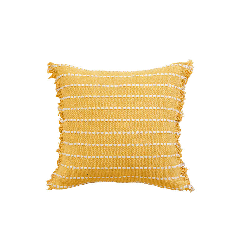 Woven Horizontal-Stripe Square Throw Pillow with Fringed Edges and Removable Cover