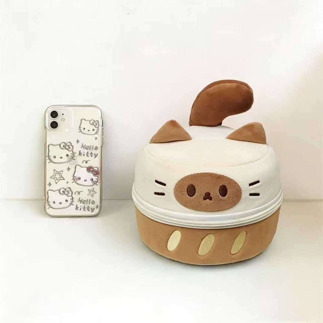 Cozy ergonomic travel pillow with cat design and integrated storage bag