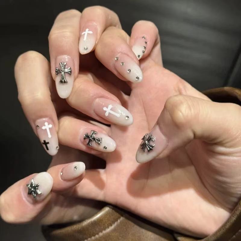 Artistic Cross-Embellished Press-On Nails