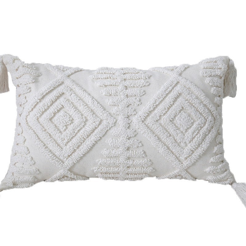 Boho Textured Tufted Cotton Throw Pillow with Diamond Geometric Tufting and Corner Tassels