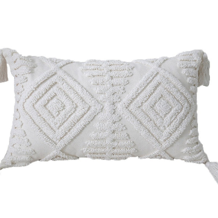 Boho Textured Tufted Cotton Throw Pillow with Diamond Geometric Tufting and Corner Tassels