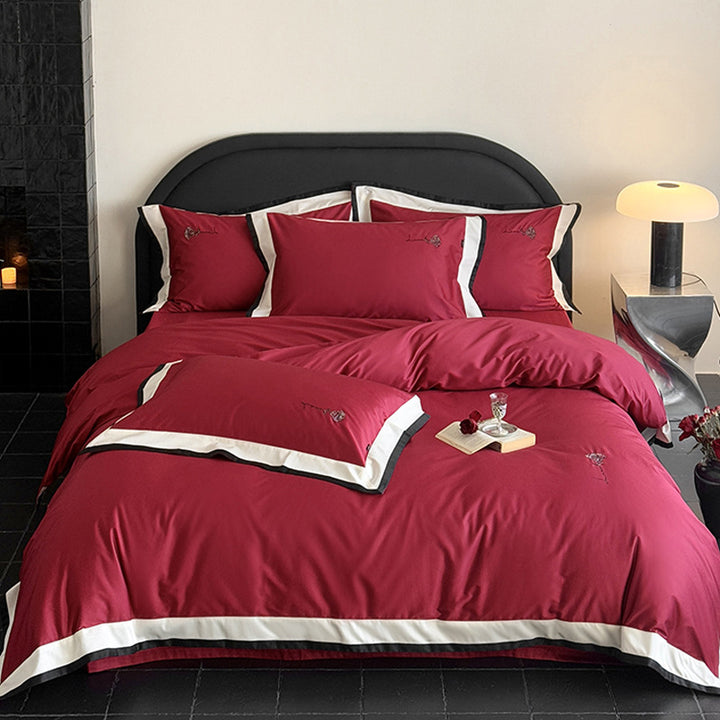 Bedding set cotton satin with contrasting border and delicate rose embroidery