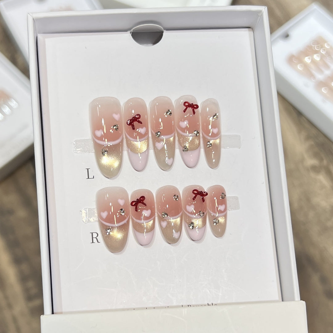 Decorative Press-On Nail Set with Heart and Bow Accents Kalsten