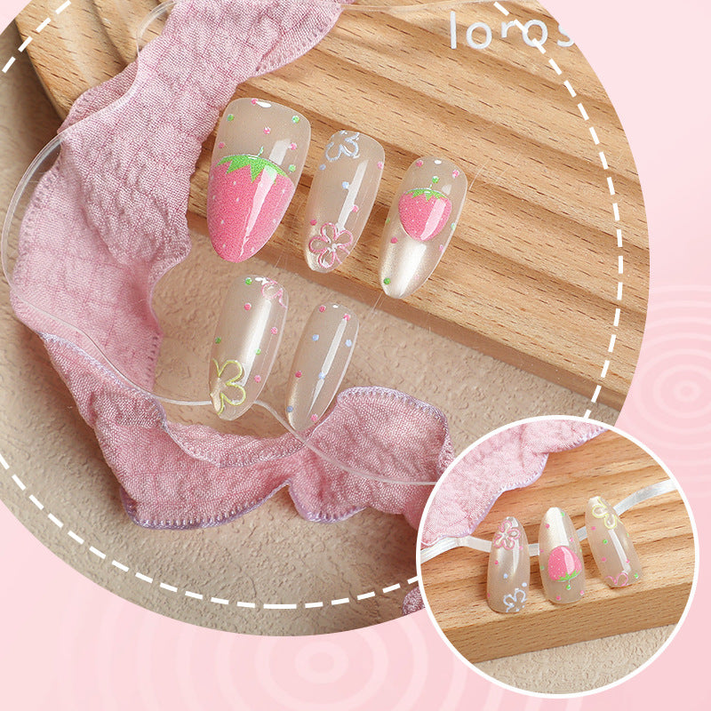 Playful Strawberry and Floral Press-On Nail Art Set