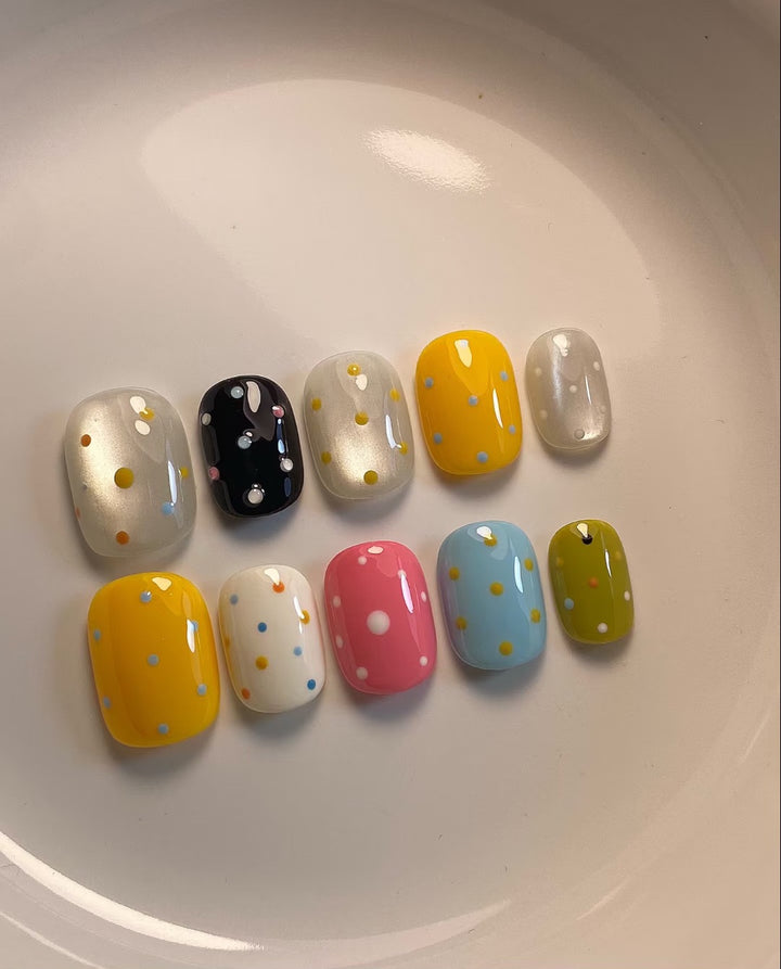 Artistic Press-On Nail Set with Colorful Dot Patterns