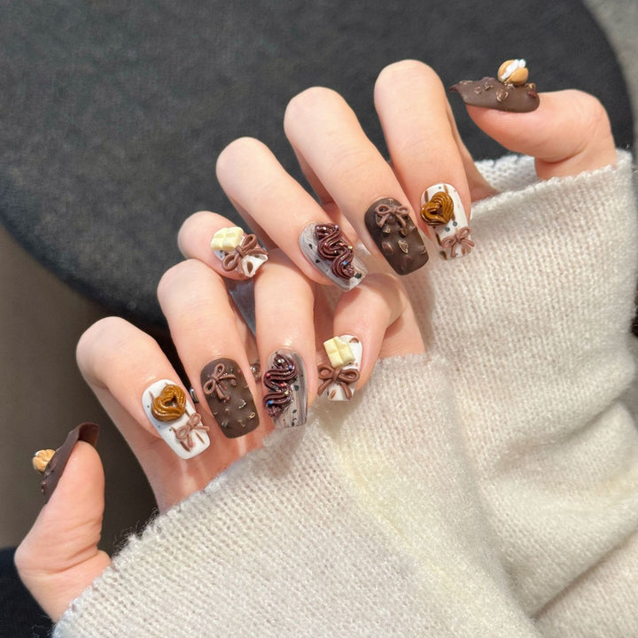 Artistic Chocolate-Themed Press-On Nail Art Set