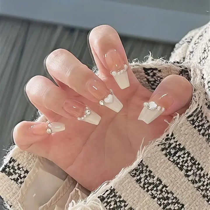 Decorative Press-On Nail Art Set with Heart and Rhinestone Accents