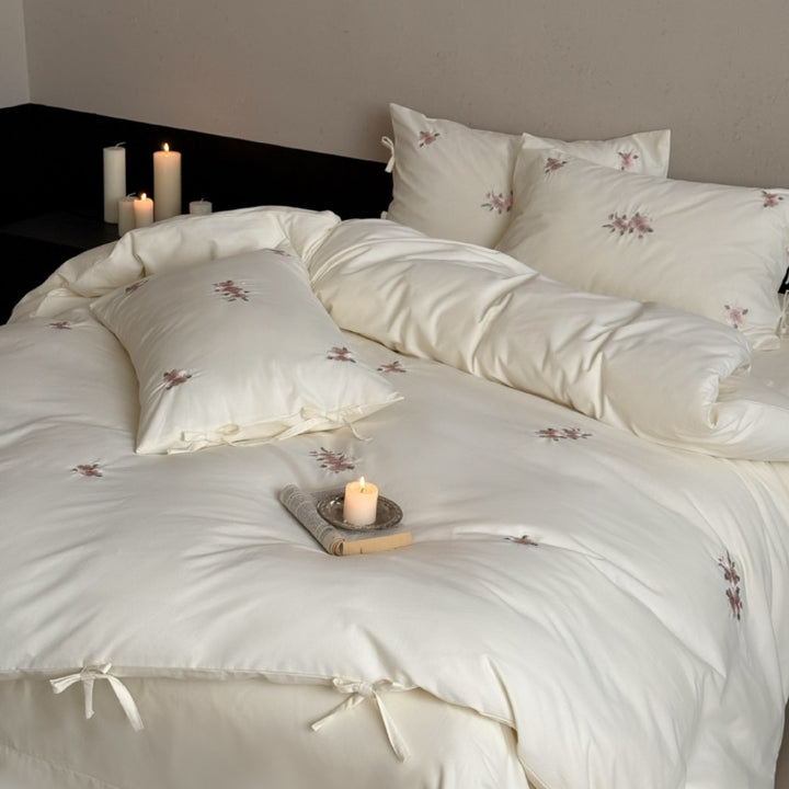 High-quality cotton bedding set with embroidered floral accents