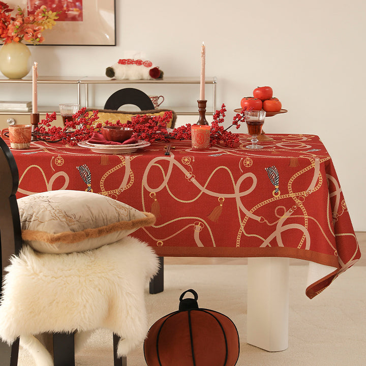 Rectangular decorative tablecloth with cord and tassel pattern as well as contrasted hem edge Kalsten