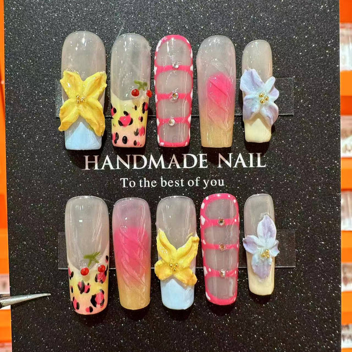 Artistic Floral Press-On Nail Set with Decorative Elements