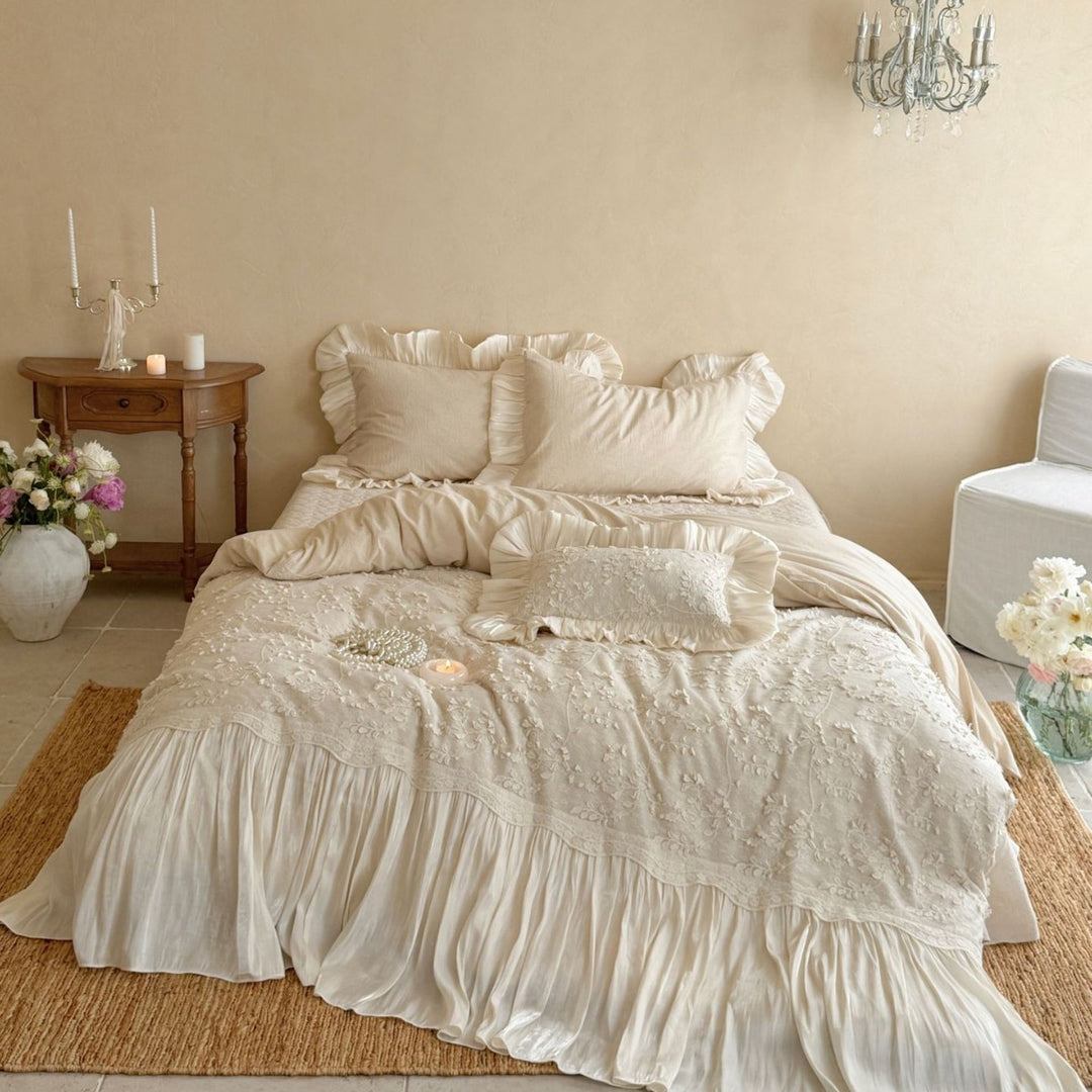 Bedding set with floral relief embroidery, gathered frill and bed skirt