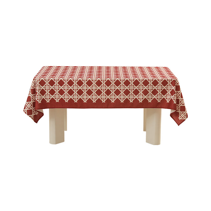 Jacquard-woven tablecloth with geometric pattern and water-repellent surface