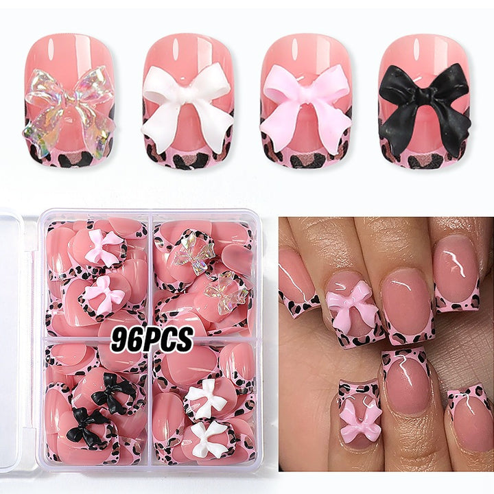 Acrylic nail set with colorful bows and leopard patterns Kalsten