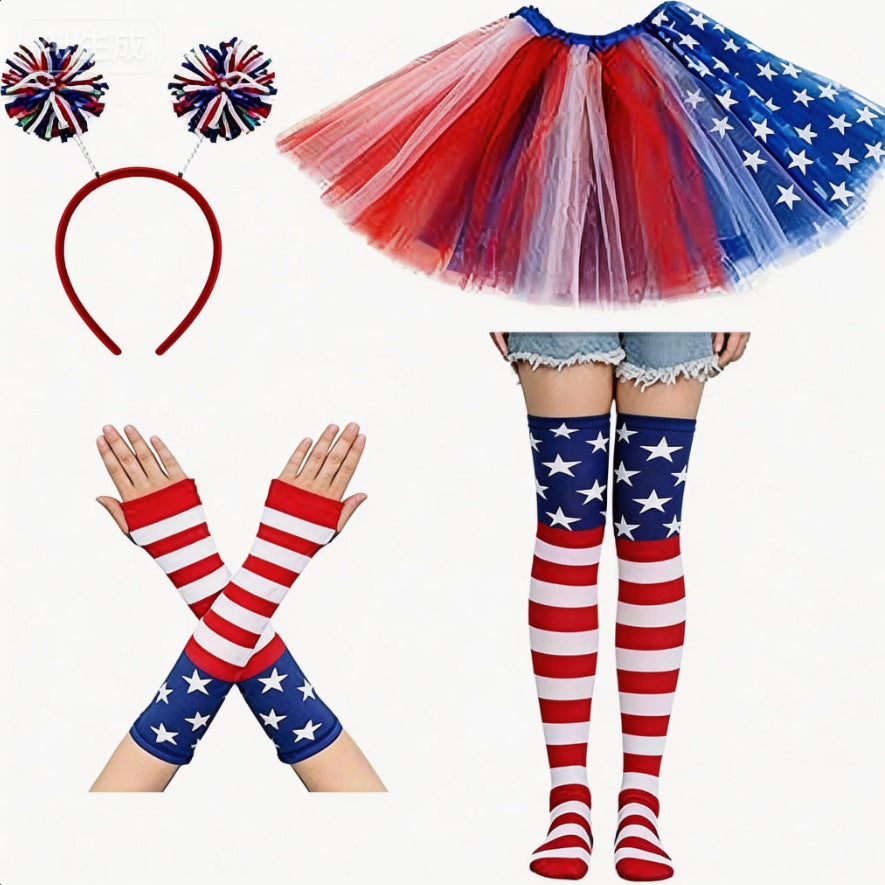 Women's Independence Day tulle tutu skirt with oversized bow headband over-the-knee star-striped stockings and matching arm sleeves Kalsten