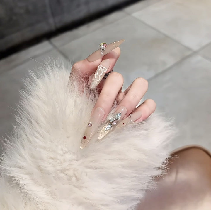 Artistic Crystal-Embellished Stiletto Nail Extensions