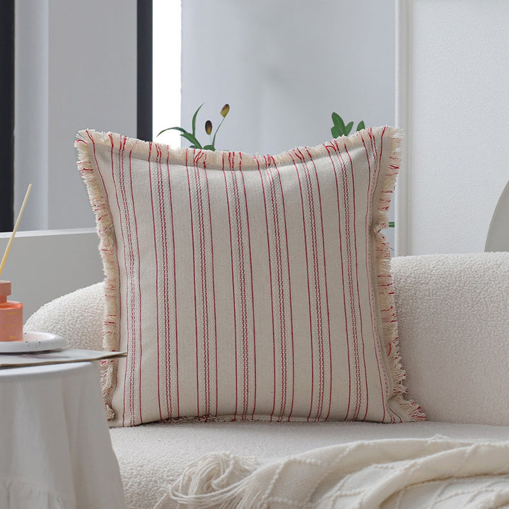 Square decorative cushion cover in linen-cotton blend with fine stripes and decorative fringed edge Kalsten
