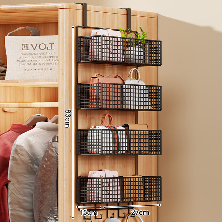 Over-the-Door Metal Grid Hanging Organizer with Four Stackable Baskets and Hooks