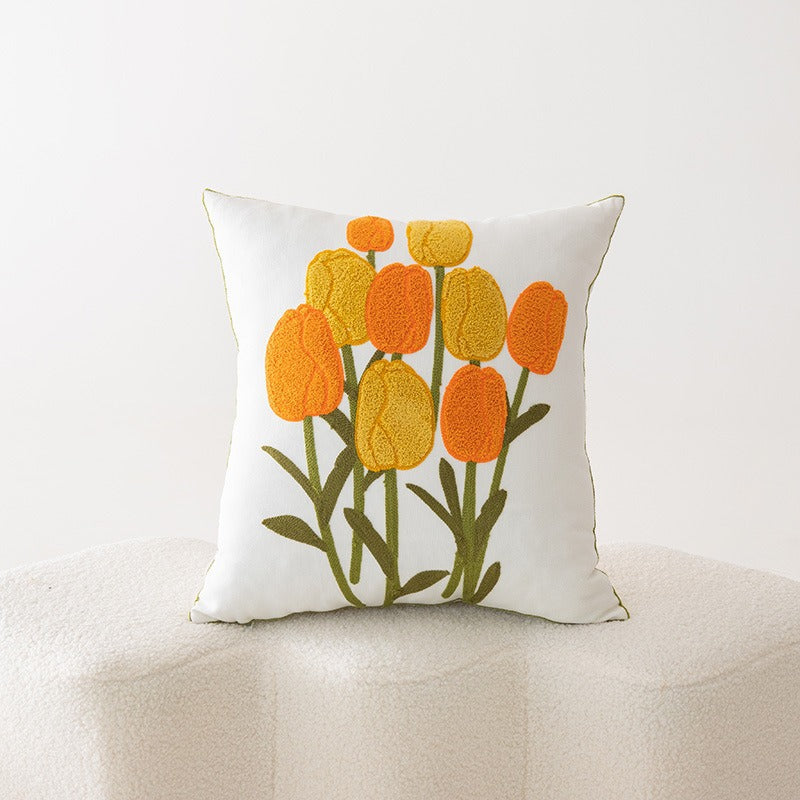 Embroidered Floral Cotton-Linen Square Throw Pillow Cover with Hidden Zipper and Textured Appliqué