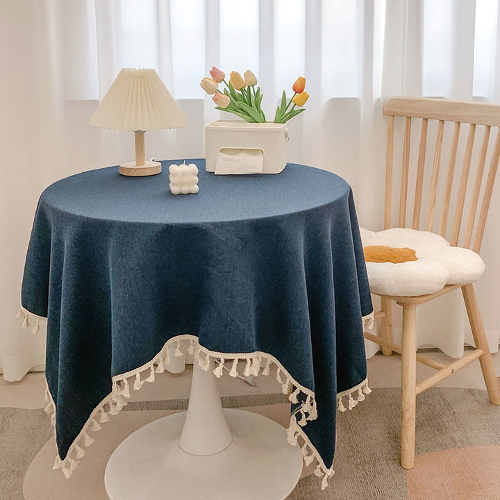 Round Textured Tassel-Trim Tablecloth with Linen-Feel Draped Finish