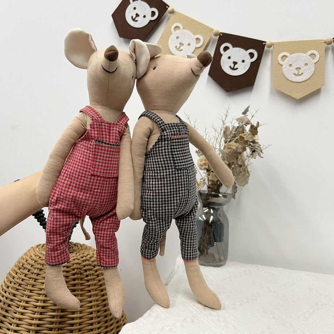 Vintage-Inspired Sewn Linen Elephant Plush Doll with Polka-Dot Dress