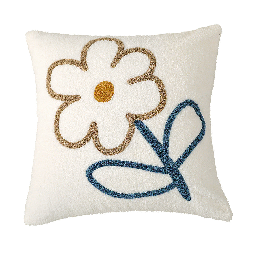 Square bouclé decorative cushion with tufted flower appliqué