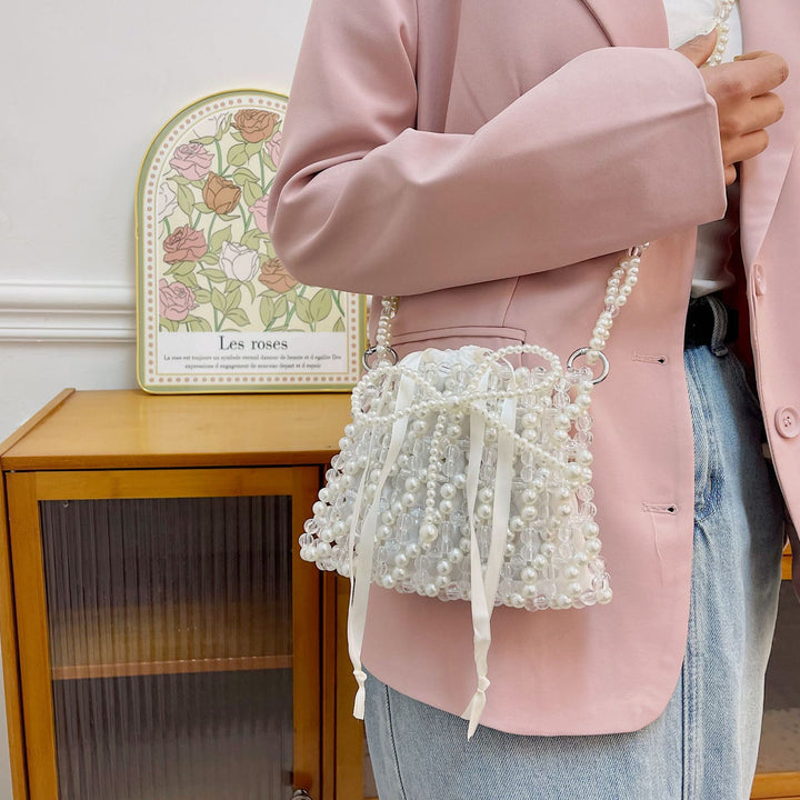Pearl-Embellished Drawstring Evening Handbag