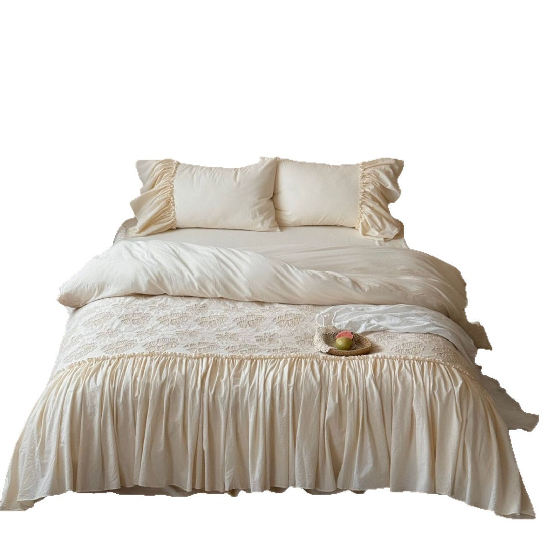Vintage bedding set with ruffled bed skirt and embroidered bedspread