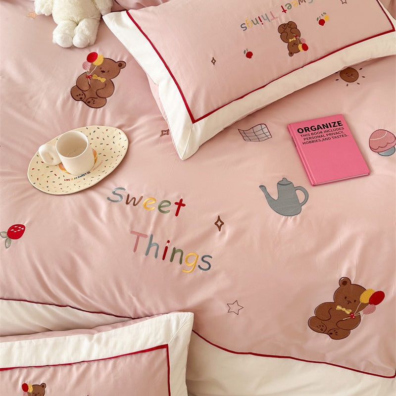 Cotton satin bedding set with delicate cherry embroidery and reversible function