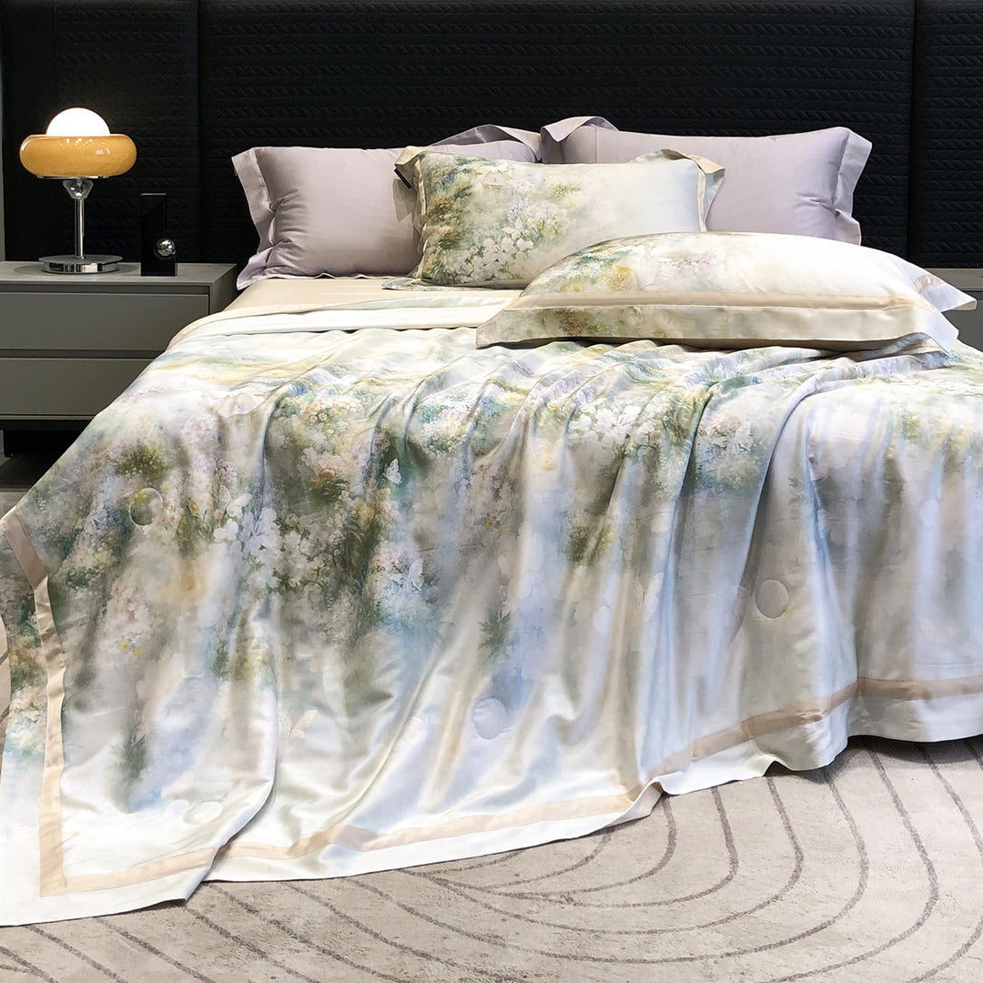 Luxurious satin bedding set with watercolor flower pattern