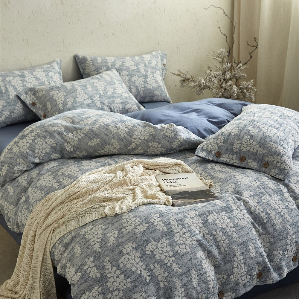 Bedding set – cotton-linen mix with fine flower relief and button placket