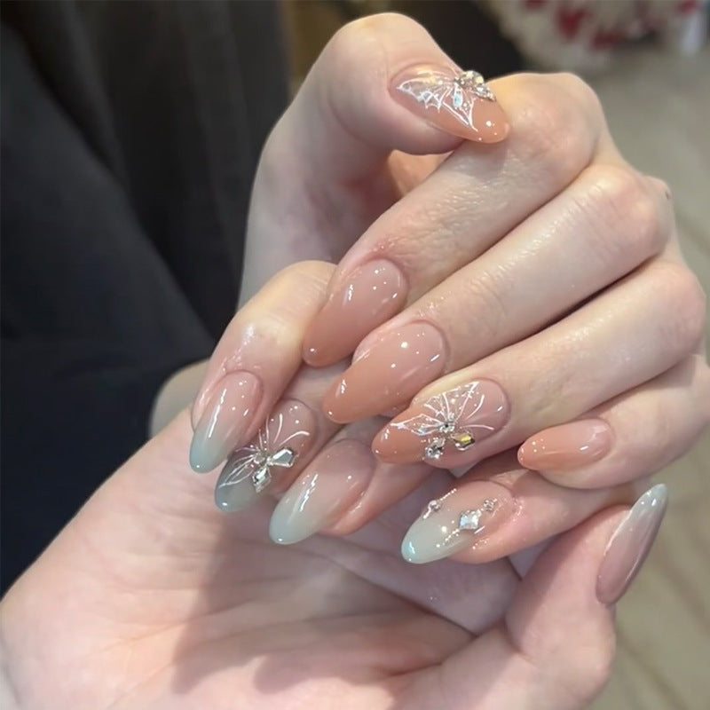 Elegant Press-On Nail Art Set with Floral and Gemstone Accents Kalsten