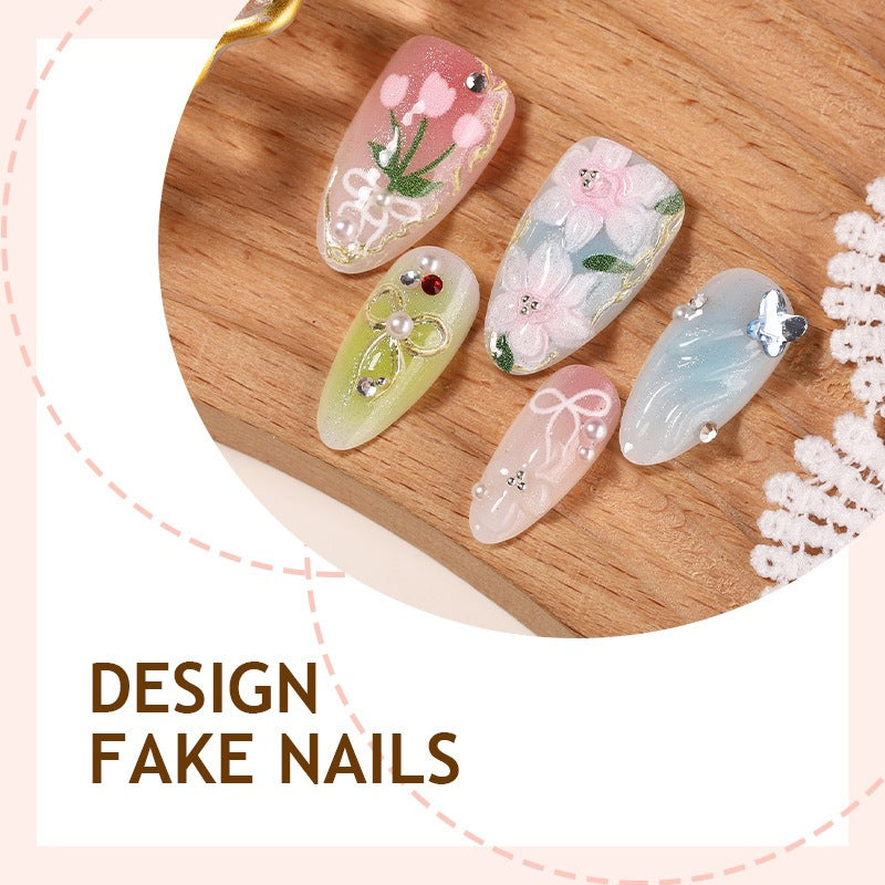 Artificial nail set with floral motifs and glitter accents Kalsten
