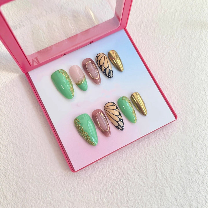 Artistic Press-On Nail Set with Elegant Butterfly and Floral Accents