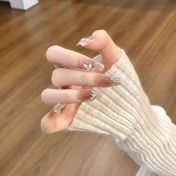 Elegant Press-On Nail Art with Floral and Gemstone Details Kalsten