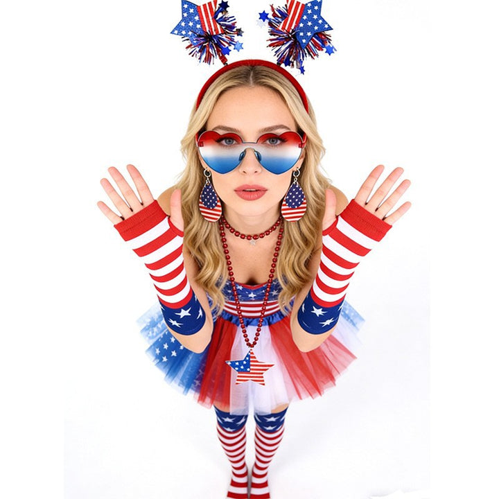 Women's Independence Day tulle tutu skirt with oversized bow headband over-the-knee star-striped stockings and matching arm sleeves Kalsten