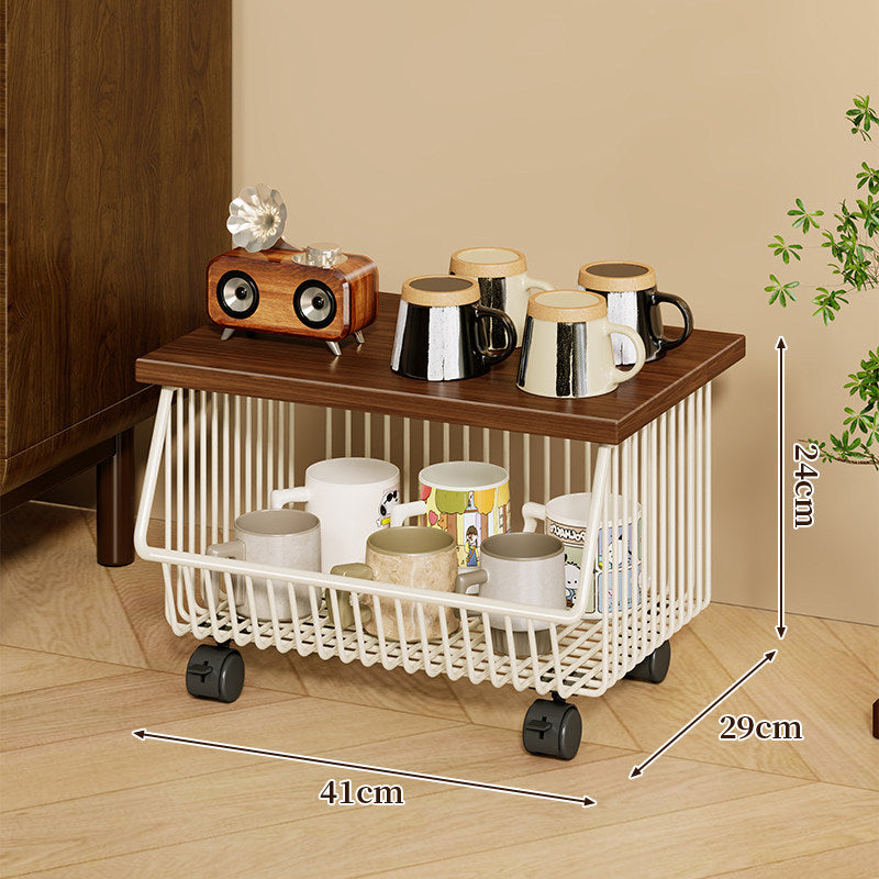 Mobile Four-Tier Kitchen Pantry Organizer Cart with Wood Top and Rolling Wire Baskets