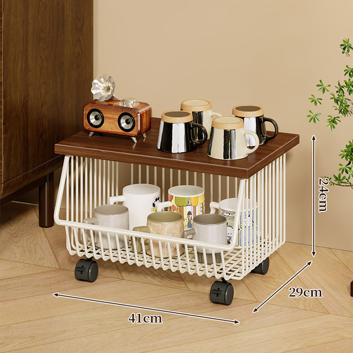 Mobile Four-Tier Kitchen Pantry Organizer Cart with Wood Top and Rolling Wire Baskets