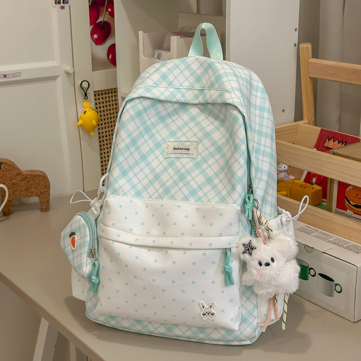 Stylish Plaid Backpack with Fun Decorative Accents Kalsten