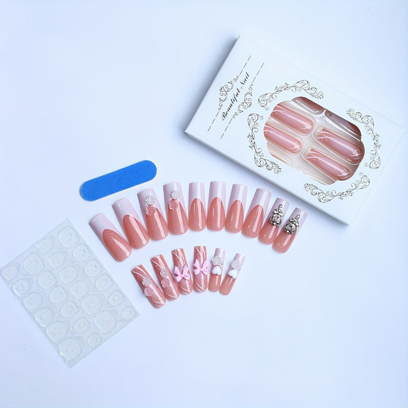 Embellished Press-On Nail Set with Floral and Bow Accents