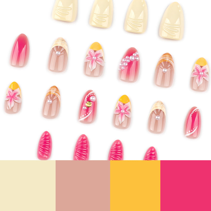 Artful nail extensions with floral and pearl-embellished accents Kalsten