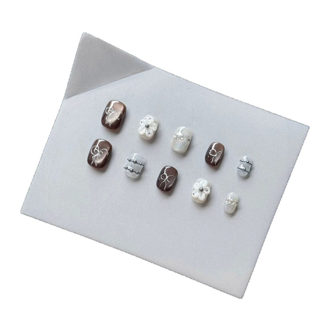 Artistic Press-On Nail Art Set with Floral and Gem Accents  1791774462