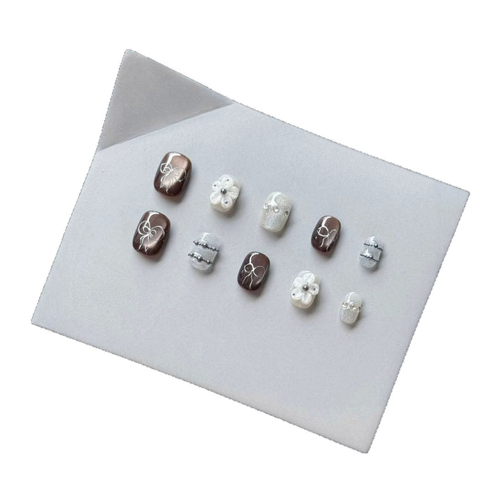 Artistic Press-On Nail Art Set with Floral and Gem Accents  1791774462