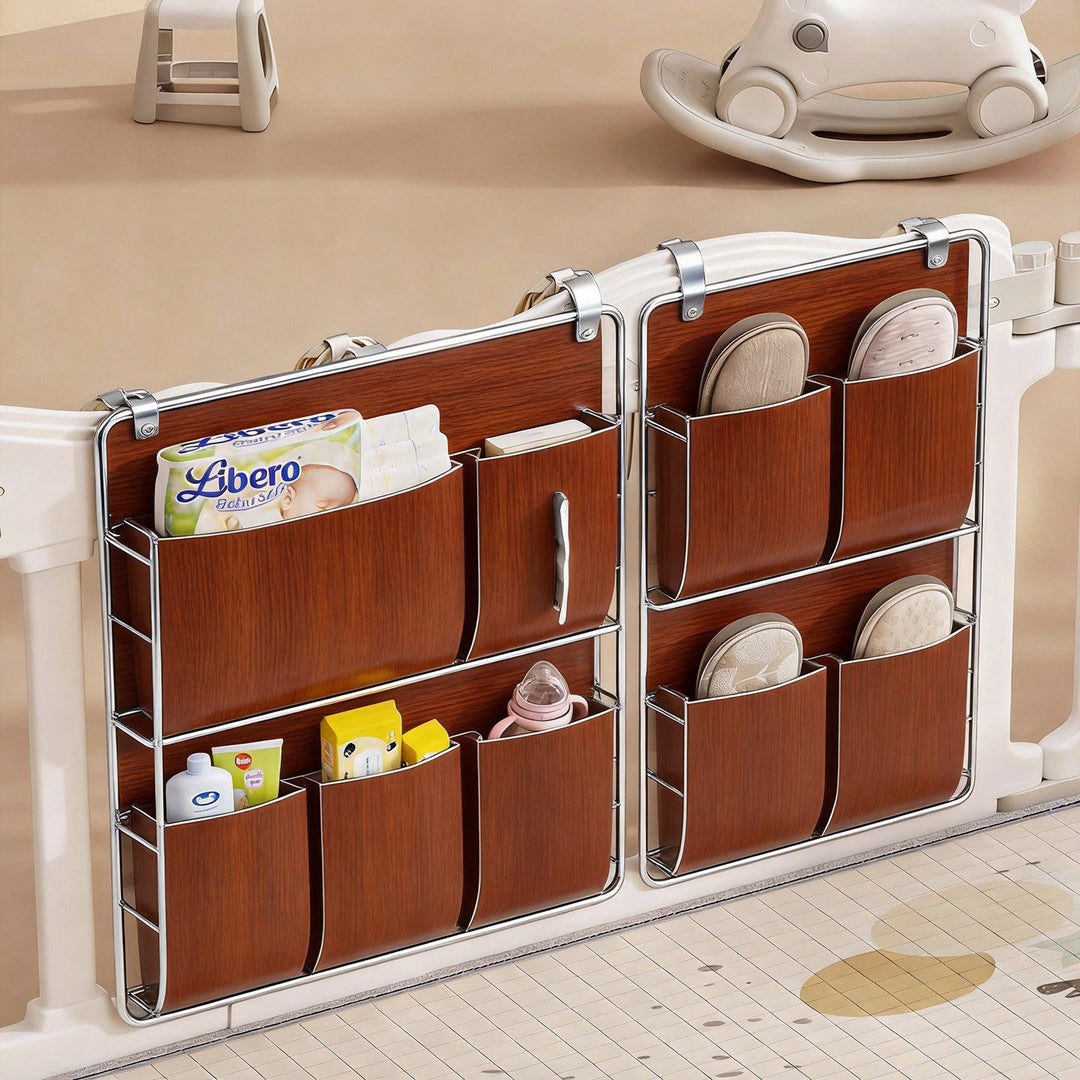 Multi-Pocket Playpen Organizer Pouch for Nursery Gate with Cute Bear Print