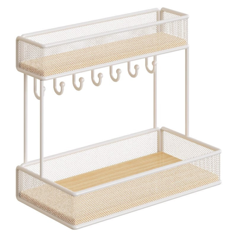 Double-Tier Metal Mesh Entryway Organizer Shelf with Key Hooks and Removable Baskets