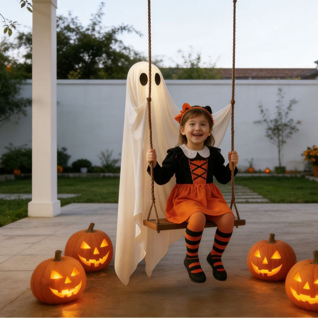 Children's Halloween Costume Dress with Lace-Up Bodice, Tulle Skirt and Striped Knee Socks