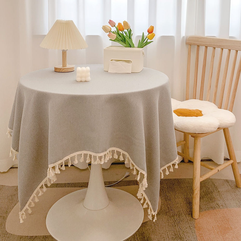 Round Textured Tassel-Trim Tablecloth with Linen-Feel Draped Finish