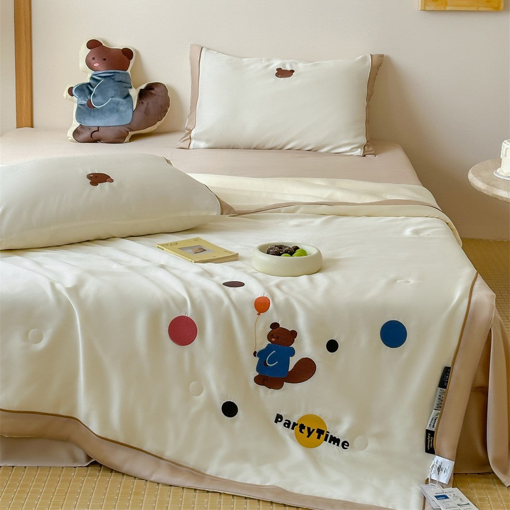 Satin bedding set with embroidered cat appliqués and silky soft finish