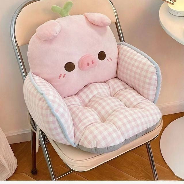 Padded plush floor seat cushion with high backrest and armrests in pig design