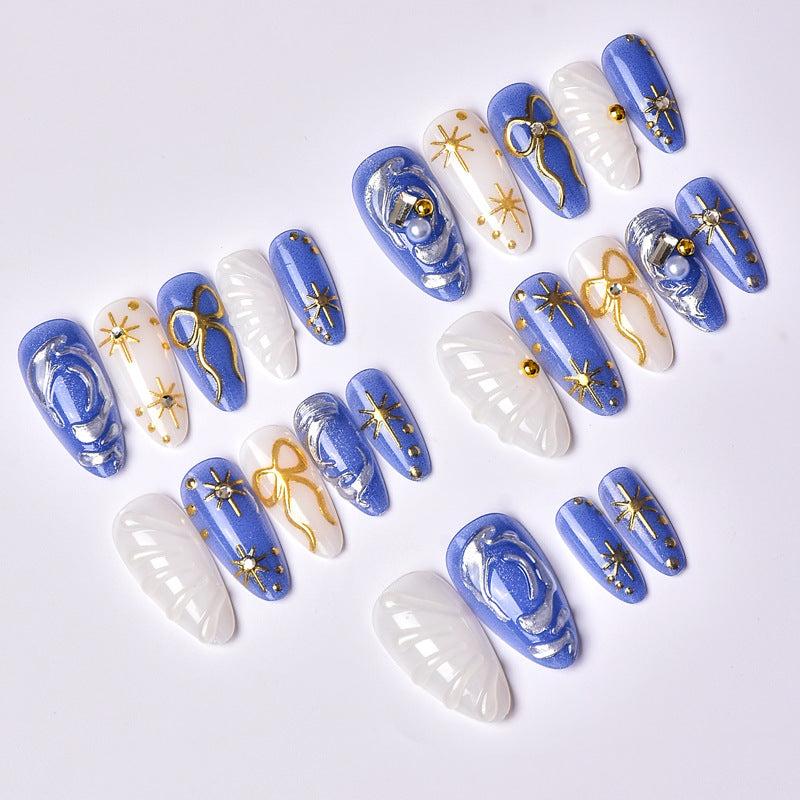 Artistic Press-On Nail Art Set with Gold and Pearl Accents Kalsten
